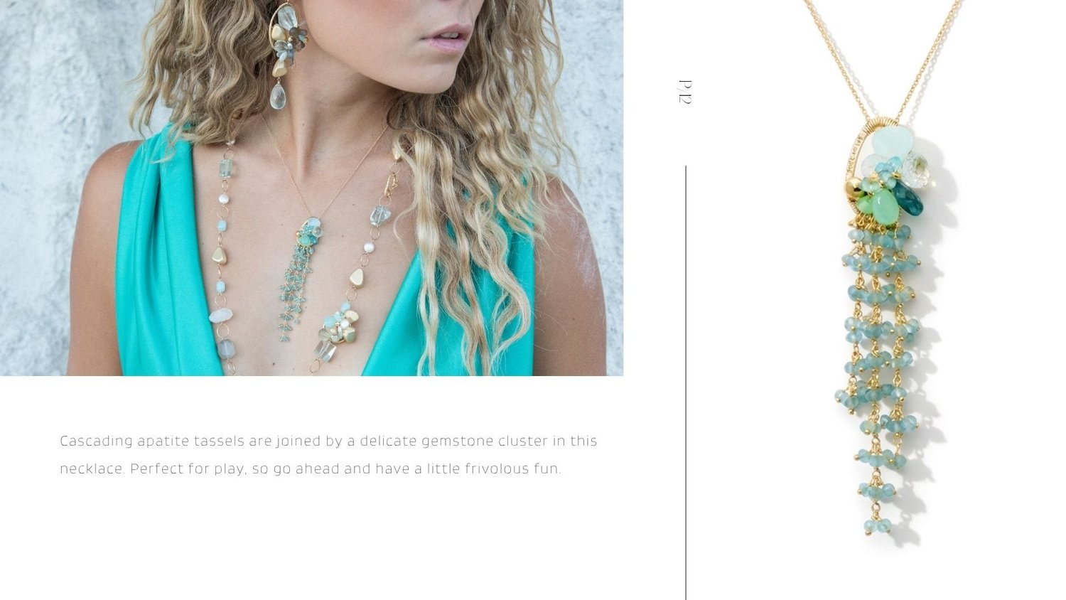 Jewelry editorial with a blonde model in turquoise layered necklaces, beside a close-up of a tassel pendant with pale green stones.