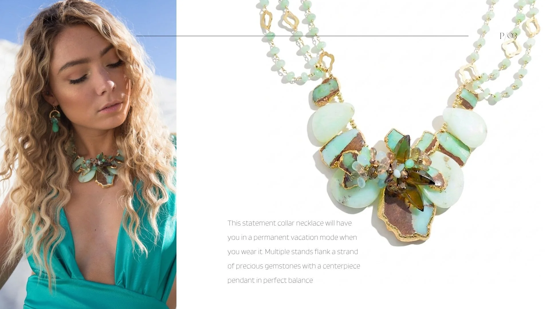 Jewelry editorial featuring a blonde model in turquoise wearing a bold pale green statement necklace, beside a product close-up.
