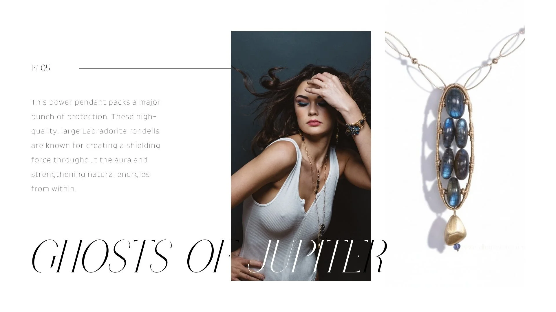 Lookbook page featuring a moody portrait of a woman in a black dress wearing a long dark gemstone pendant necklace and matching blue-toned bracelet, alongside product photos of the coordinating necklace and bracelet.