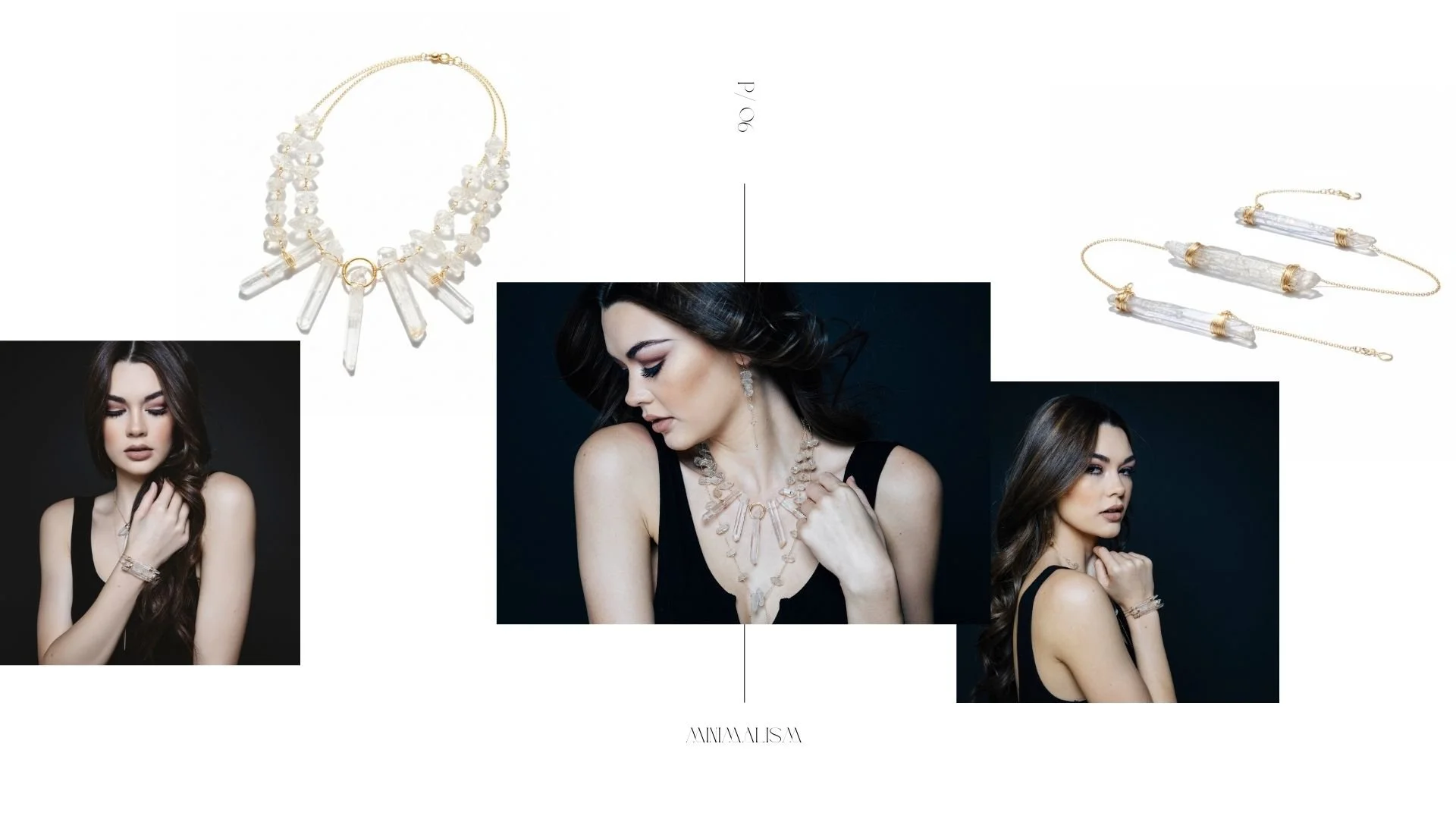 Lookbook page (P/06) showing three model photos wearing layered Herkimer diamond necklaces and bracelets, alongside product images of a crystal point statement necklace and a gold-chain crystal point wrap bracelet.