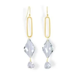 Angular earrings: a faceted crystal diamond shape hanging from a gold oval link, by Andrea Li