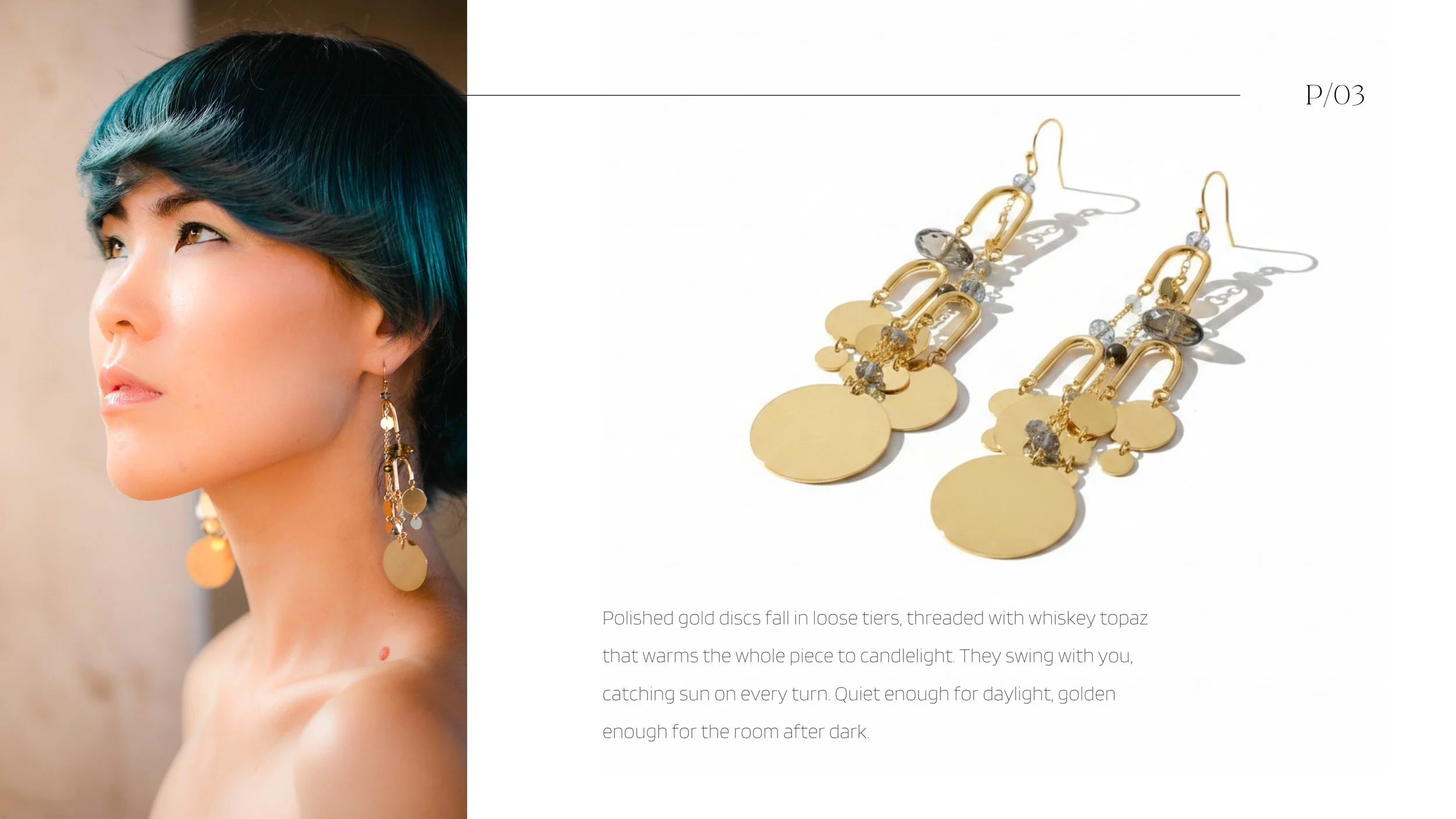 Editorial spread featuring a model in gold statement earrings beside product photography and descriptive text on a clean white layout.