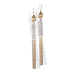 Gold tassel drop earrings beneath a beaded column and a gold nugget, by Andrea Li