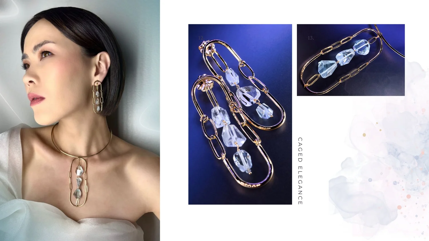 Model wearing Tamar Collection caged quartz earrings and a pendant necklace