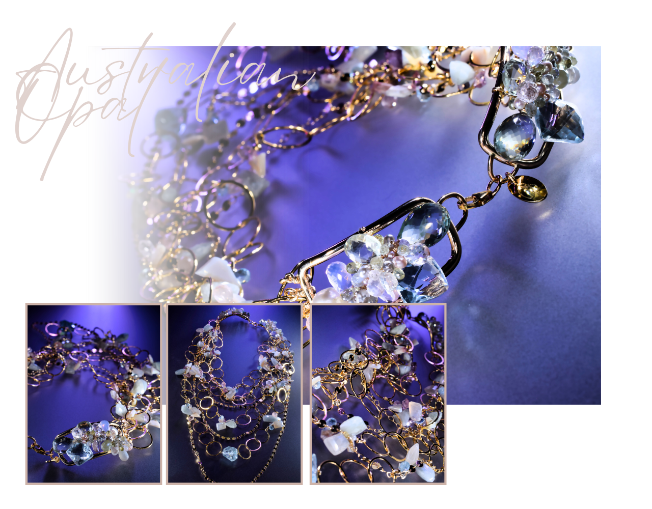 Australian opal necklace on a purple-blue backdrop, featuring sculptural gold wire links, milky opal chips, and sparkling pale blue gemstone clusters; collage includes three inset detail and full-necklace views.