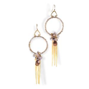 Circular hoop earrings wrapped in tiny gemstones, with a gemstone cluster and gold fringe, by Andrea Li