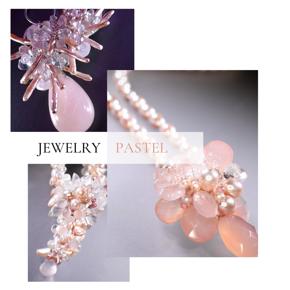 pastel gemstone jewelry with rose quartz