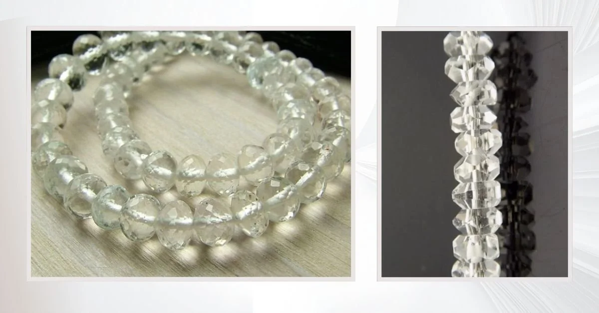Side-by-side close-up of clear faceted gemstone strands, comparing white topaz beads and Herkimer diamond beads on a soft gray background.