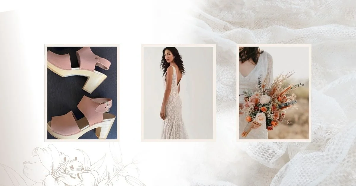 Wedding inspiration collage on a soft lace-textured background, featuring three framed photos: blush pink heeled sandals, a bride in a lace wedding dress, and a close-up of a bride holding a bouquet of peach and cream flowers.