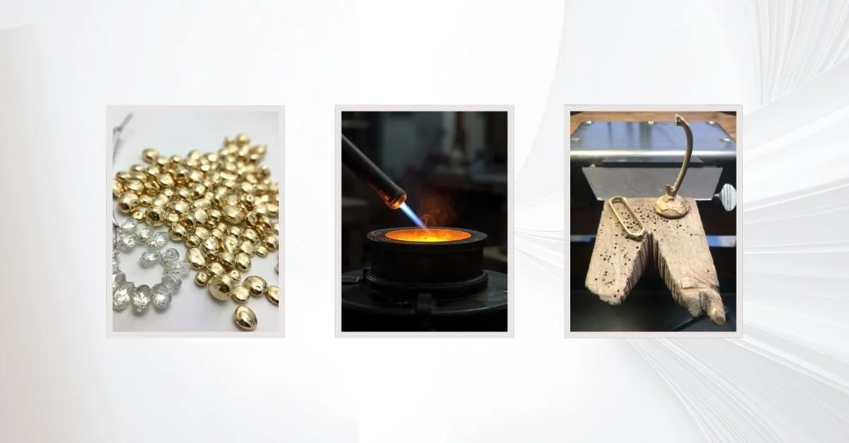 Triptych showing gold beads and clear gemstones, a torch heating metal, and a necklace casting setup on a jeweler’s workbench.