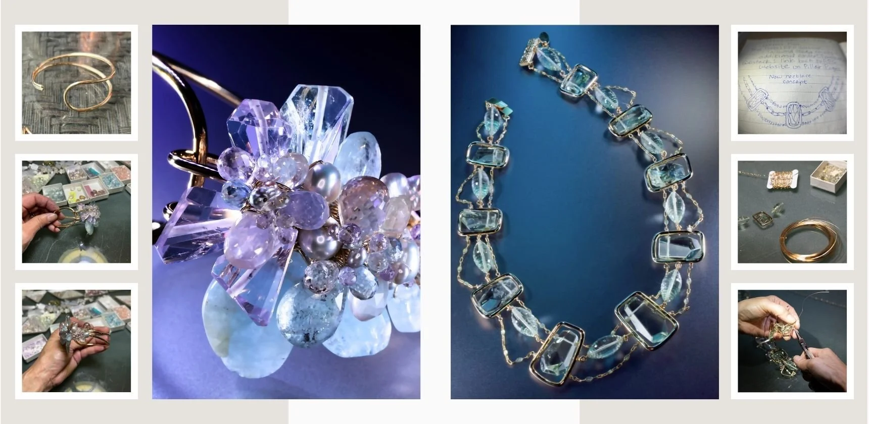 Collage of handmade gemstone jewelry development showing a lavender gemstone cluster cuff in progress, a finished geometric gemstone necklace, design sketches, materials, and close-up benchwork photos from concept to completion.