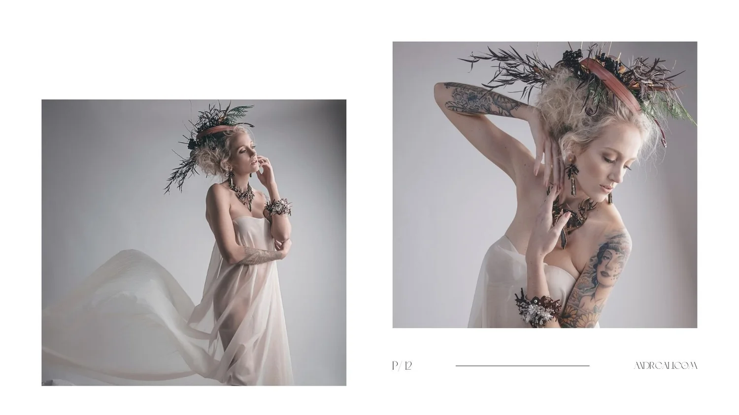 Editorial-style lookbook spread featuring two soft portrait photos of a tattooed model wearing a sculptural botanical headpiece, statement earrings, necklace, and cuff in an airy, ethereal studio setting.