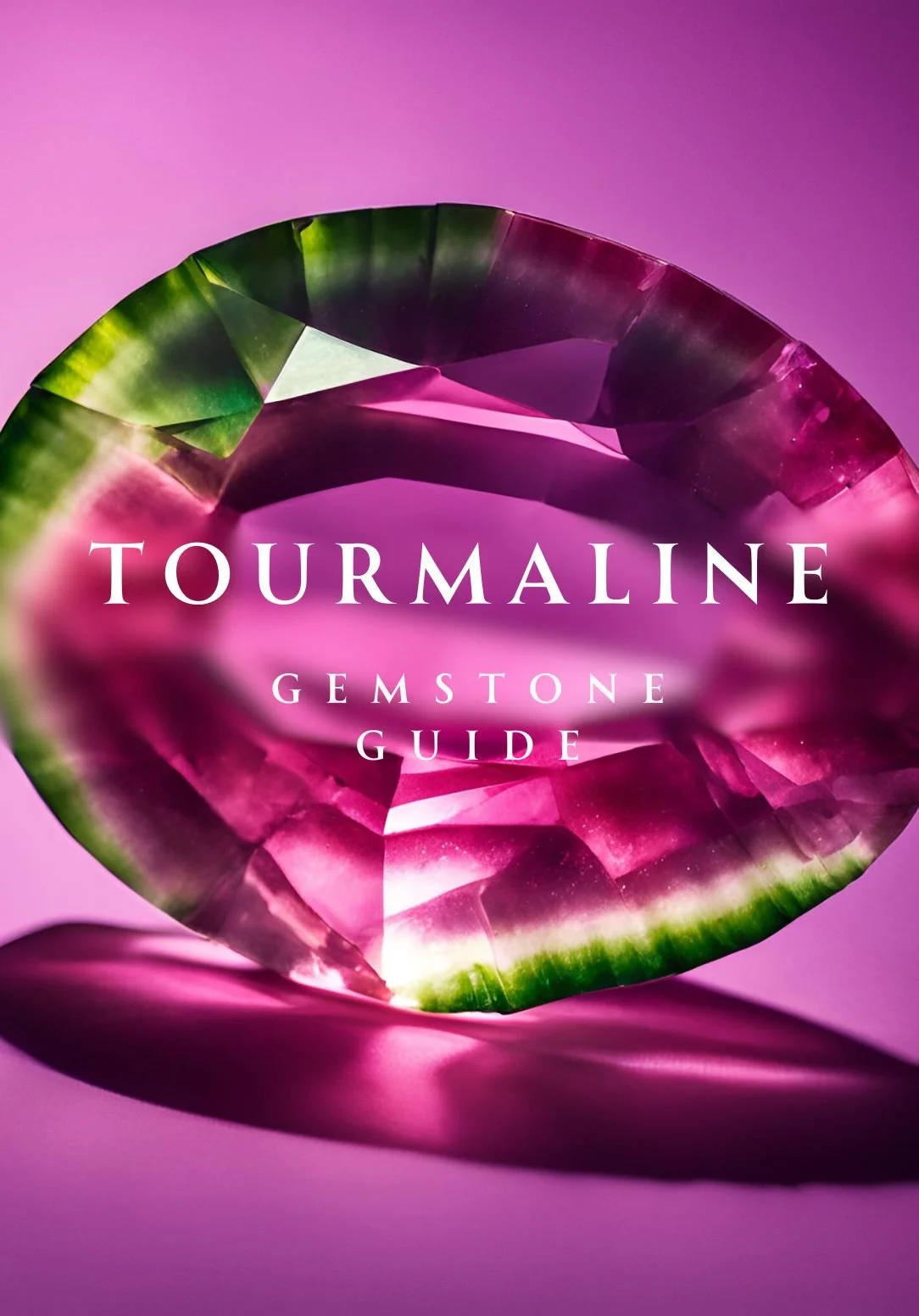 Tourmaline Gemstone Guide cover featuring a faceted pink-and-green (watermelon) tourmaline on a magenta background with “TOURMALINE GEMSTONE GUIDE” text overlay.