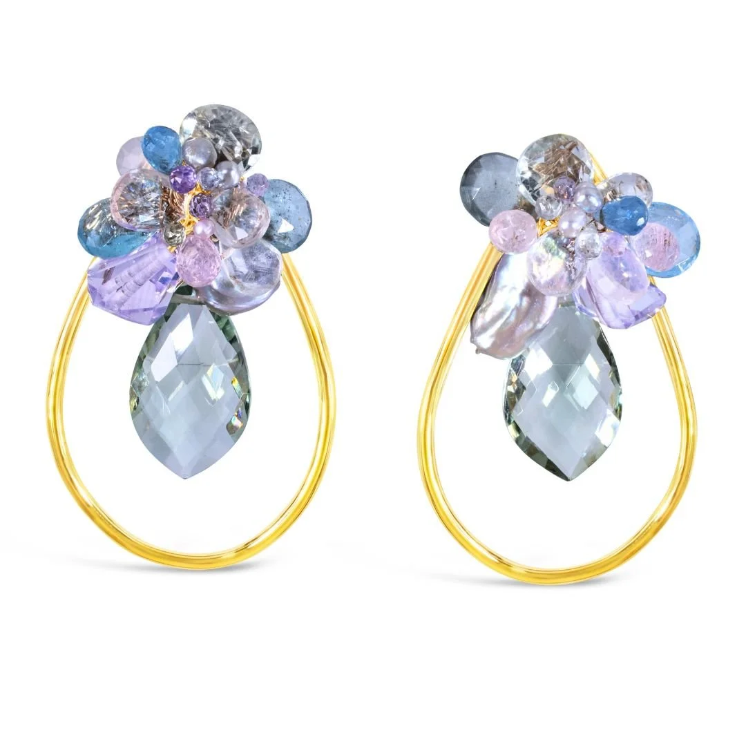 Gold Teardrop Pastel Gemstone Cluster Earrings