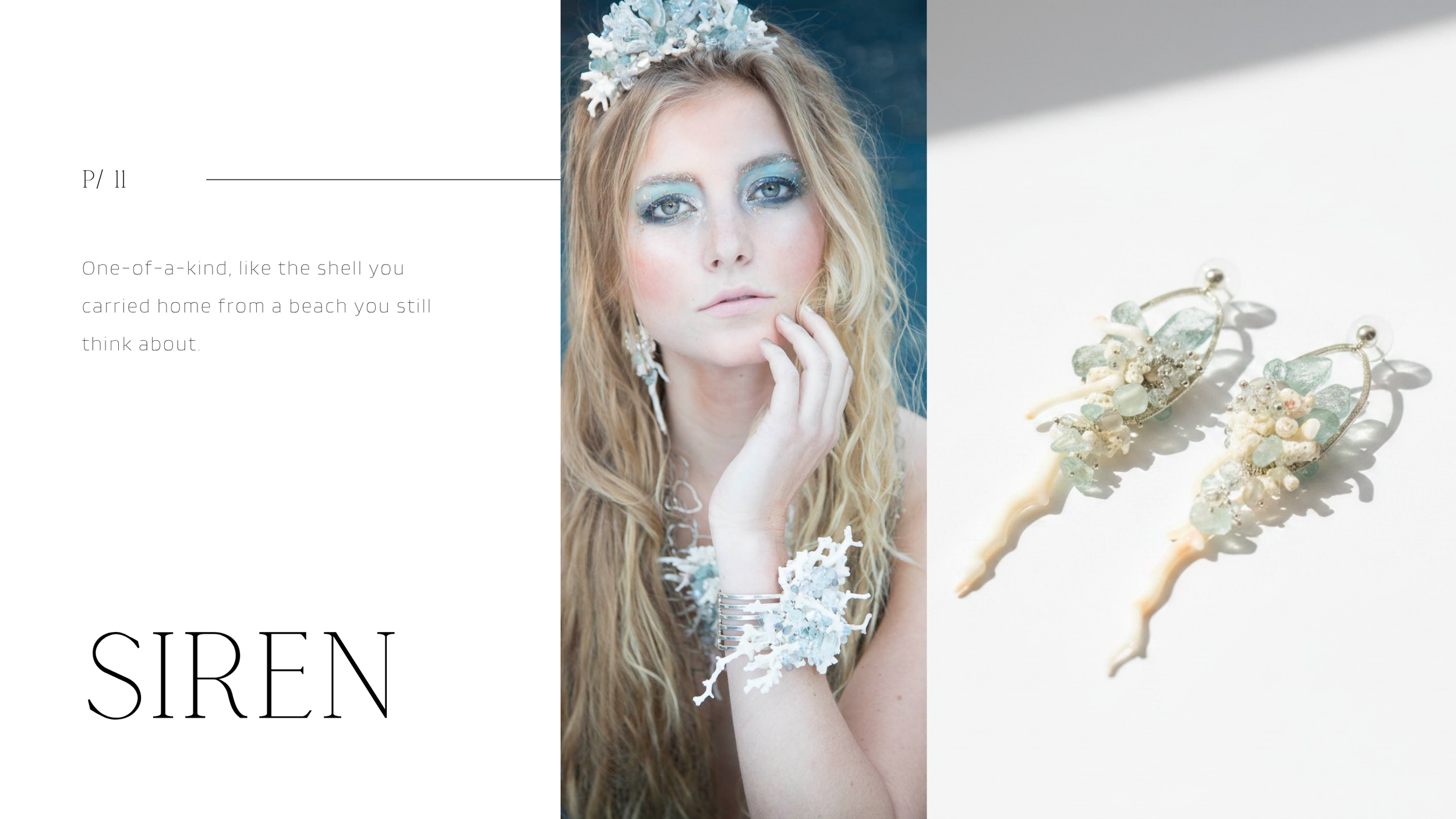 A model in a coral crown wearing coral and aquamarine seashell earrings by Andrea Li