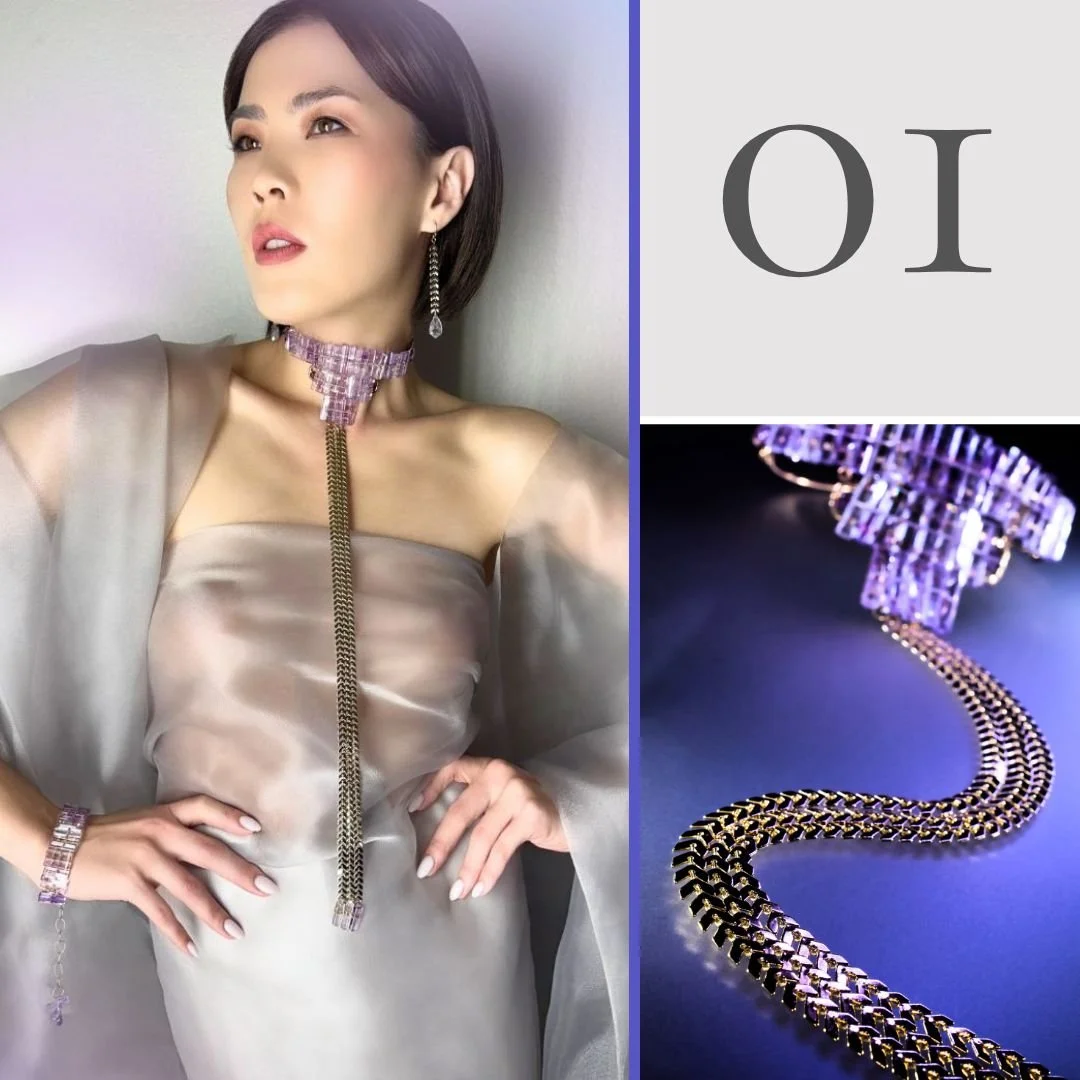 Collage featuring a model wearing a long purple amethyst choker necklace with a draped chain drop, paired with a close-up detail shot of the choker and gold-toned chain on a deep violet background, framed by soft lavender gradient blocks.