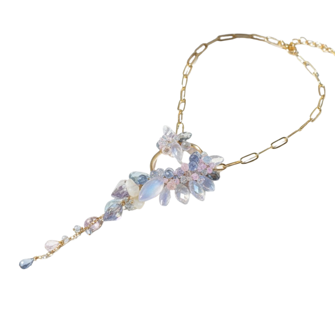 Blue Hour Moonstone Marquis Oval Pendant Necklace by Andrea Li, marquise moonstones and pastel gemstones trailing from a fine gold chain