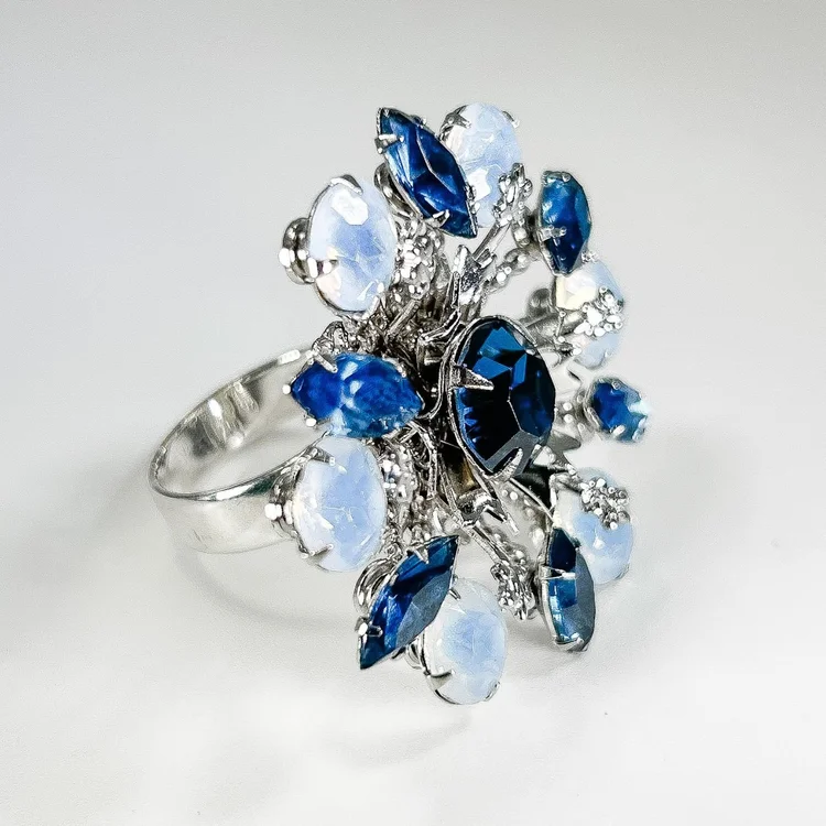 Andrea Li silver cocktail ring set with blue and opal-white crystals, by Andrea Li