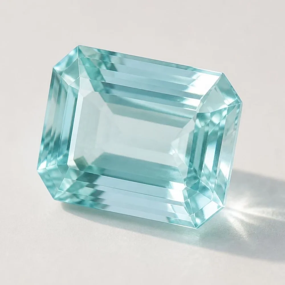 Illustration of an emerald-cut aquamarine in clear sea blue