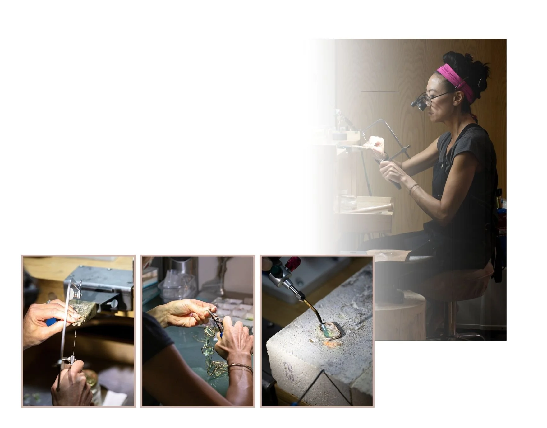 Andrea Li at her jewelry bench in a magnifying loupe, beside three close views of hands at work: sawing, wiring stones and soldering