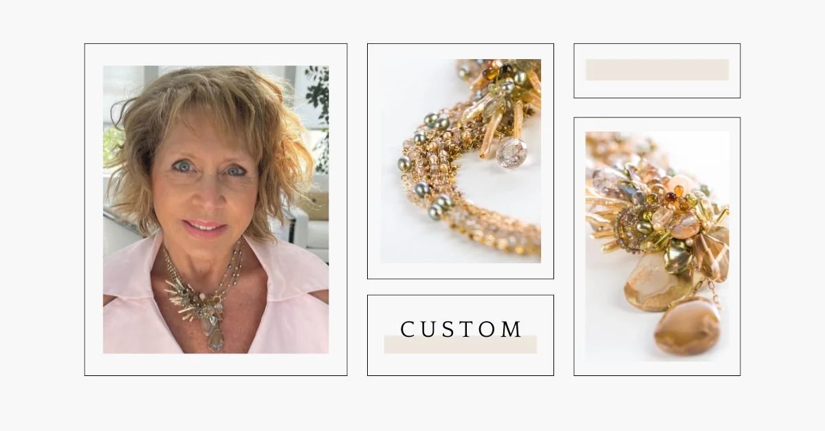 Minimalist collage featuring a woman wearing a custom statement necklace, detail shots of the piece, and the word “Custom.”
