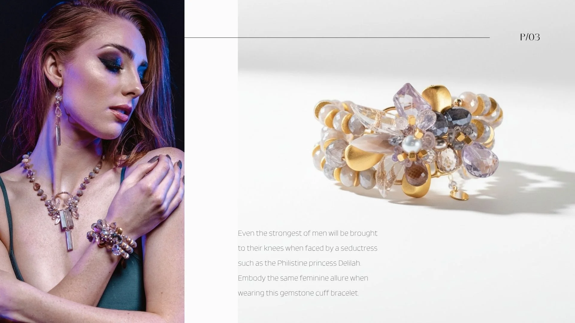 Lookbook page featuring a moody portrait of a woman wearing a gemstone pendant necklace, bracelet, and long drop earrings alongside a product photo of a layered gemstone cuff bracelet in soft lavender, gray, and gold tones.