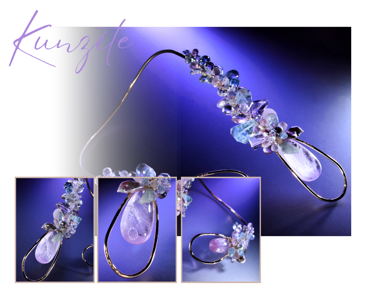 Kunzite statement choker necklace with a sculptural gold collar and a clustered mix of pastel gemstones, featuring a large pale pink teardrop kunzite drop on a violet background.