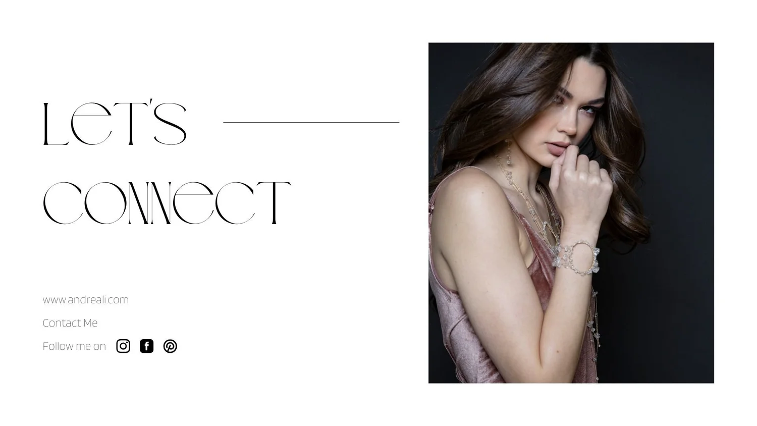 “Let’s Connect” contact page for AndreaLi.com featuring a model wearing Herkimer diamond jewelry, with links to contact and social media (Instagram, Facebook, Pinterest).