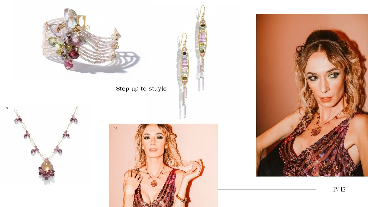 Orenda lookbook page P/12 with a tourmaline and pearl cuff, long tourmaline drop earrings, a pink tourmaline pendant necklace, and two portraits of a model wearing the pieces