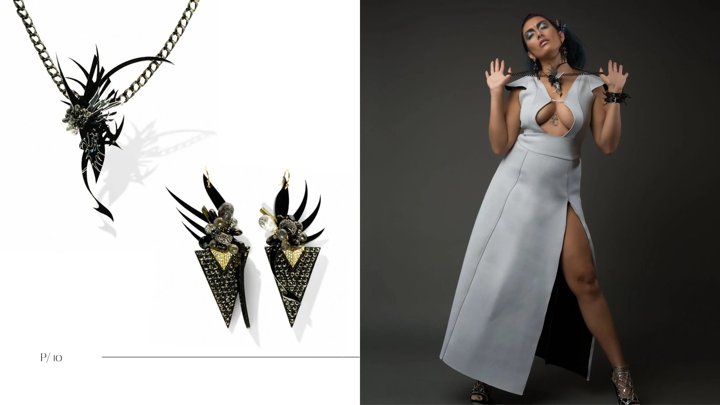 Lookbook spread featuring a model in a silver cutout gown with a black sculptural necklace and matching crystal earrings.
