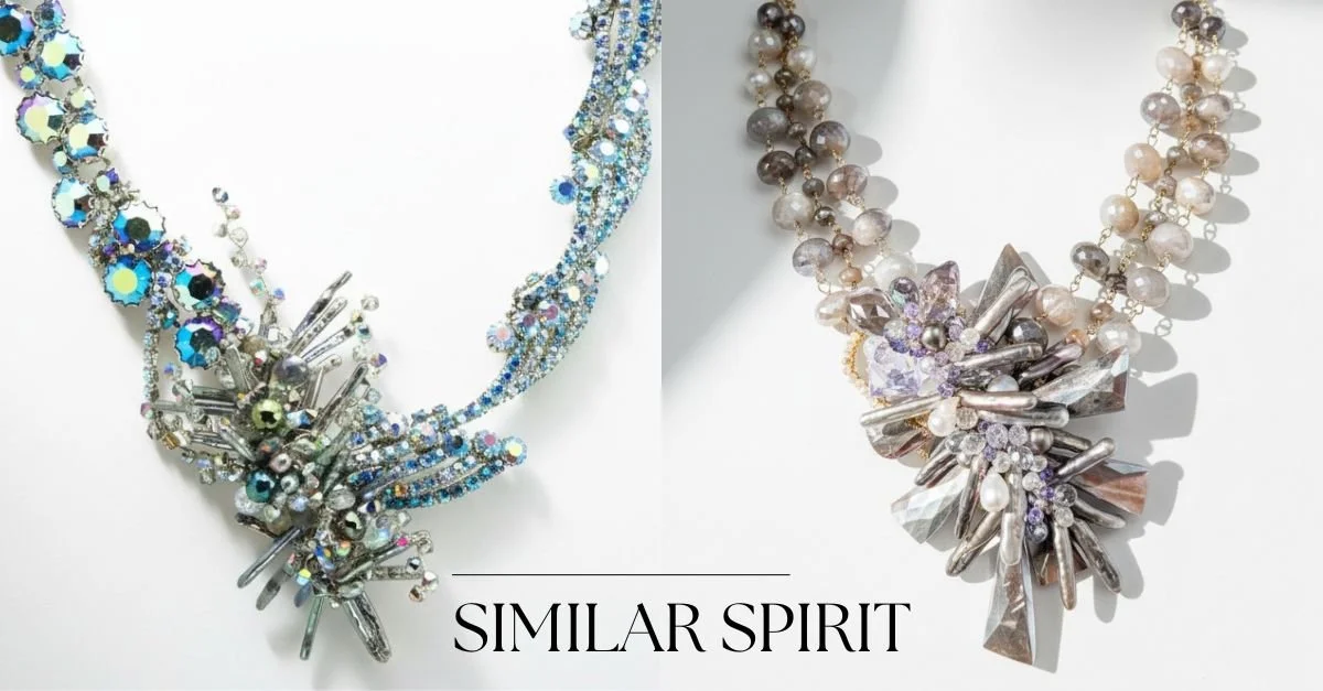 Side-by-side comparison of two statement necklaces with similar sculptural gemstone designs, labeled “Similar Spirit” on white background.