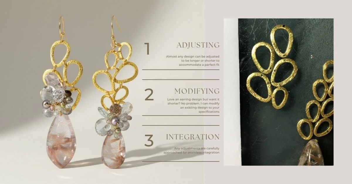 Infographic showing gold earrings with pale gemstone drops, a three-step customization process, and component layout on neutral background.