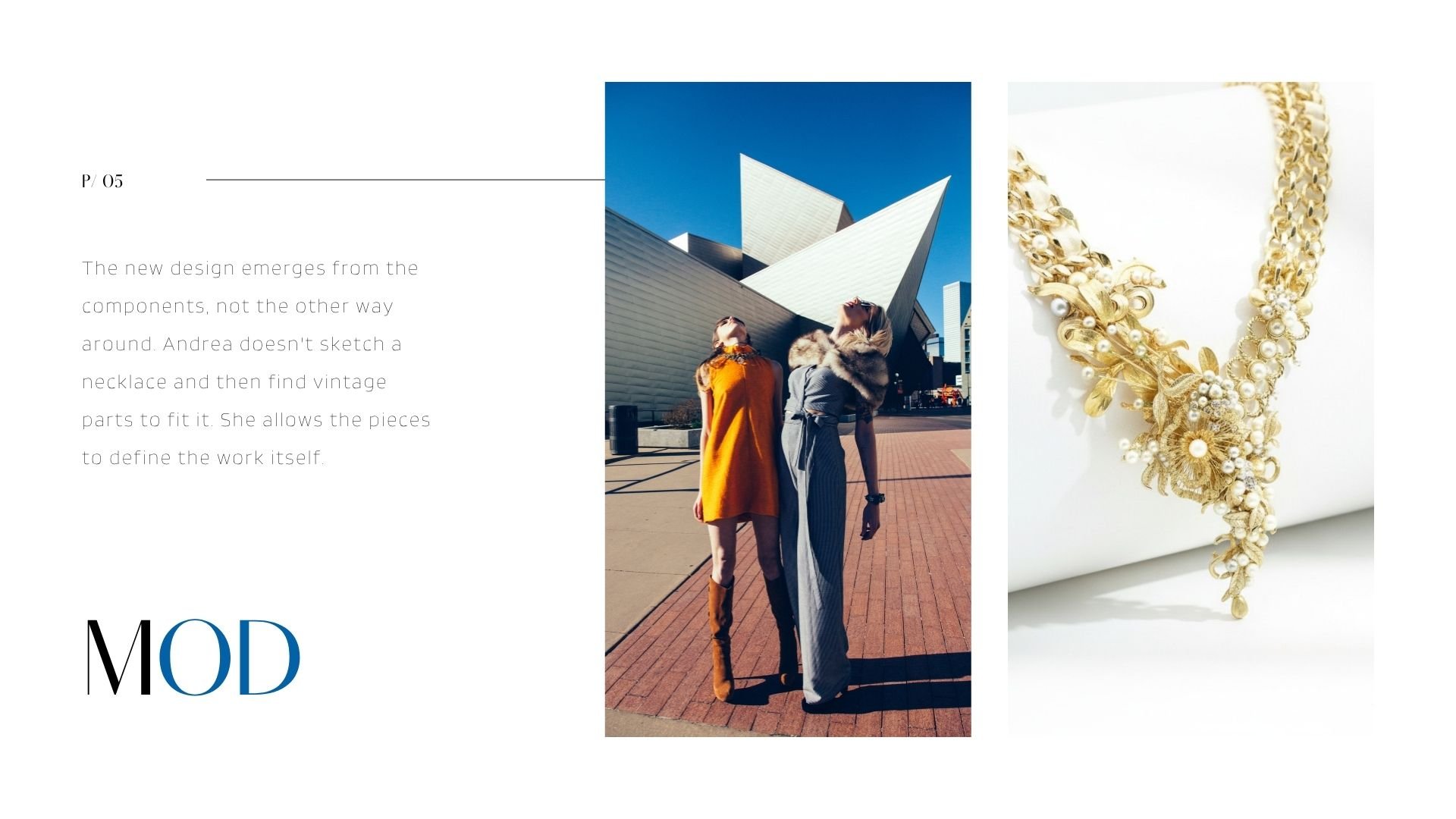 Mod lookbook page with two fashion models in a city plaza and a close-up of an ornate gold floral statement necklace.