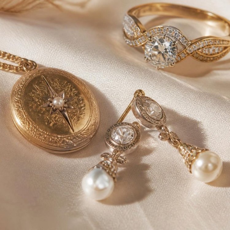 A mix of vintage jewelry: a gold locket, a twisted gold ring and pearl drop earrings