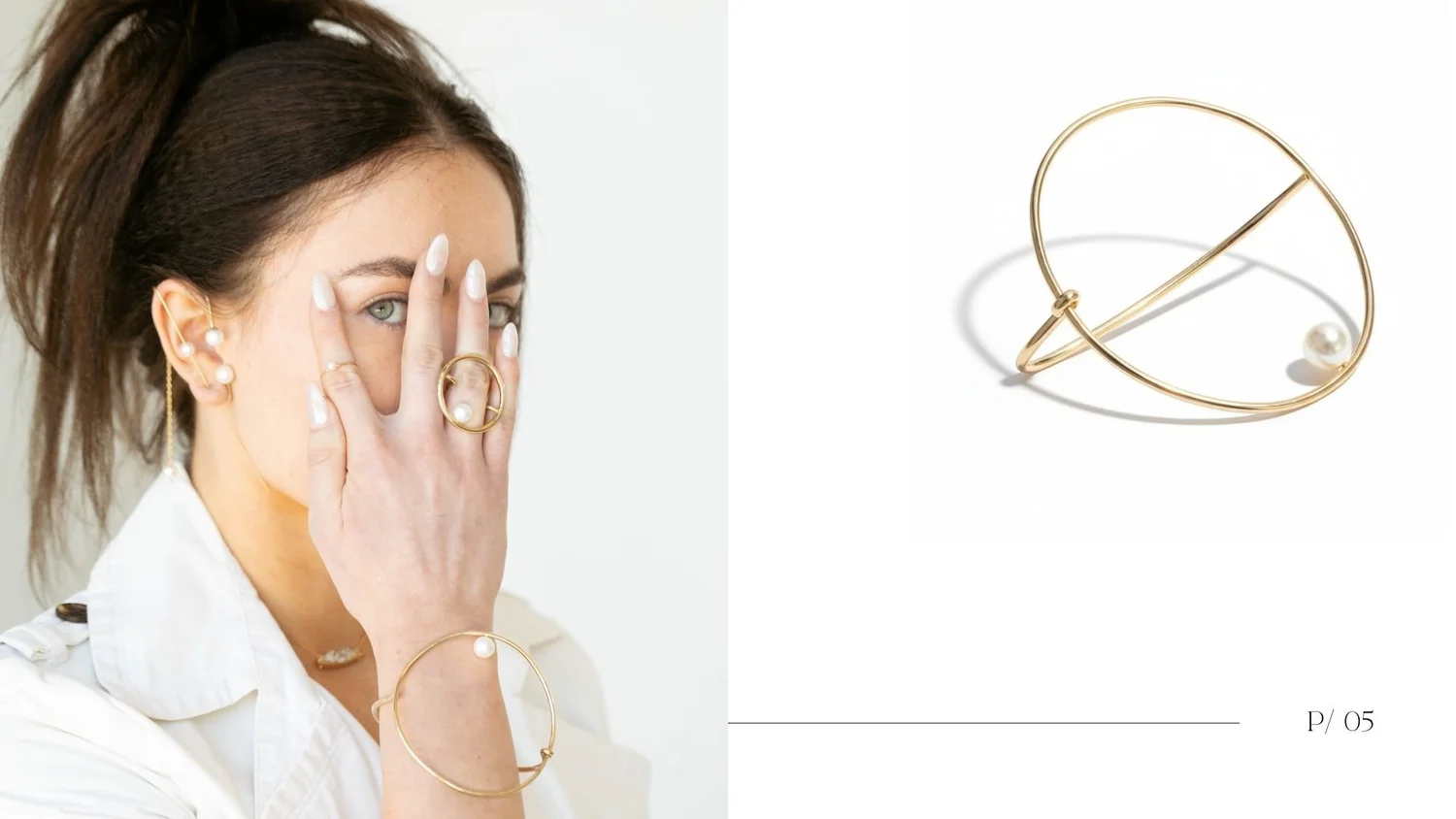Aglow lookbook page: a large single pearl hand bracelet in 14k gold.