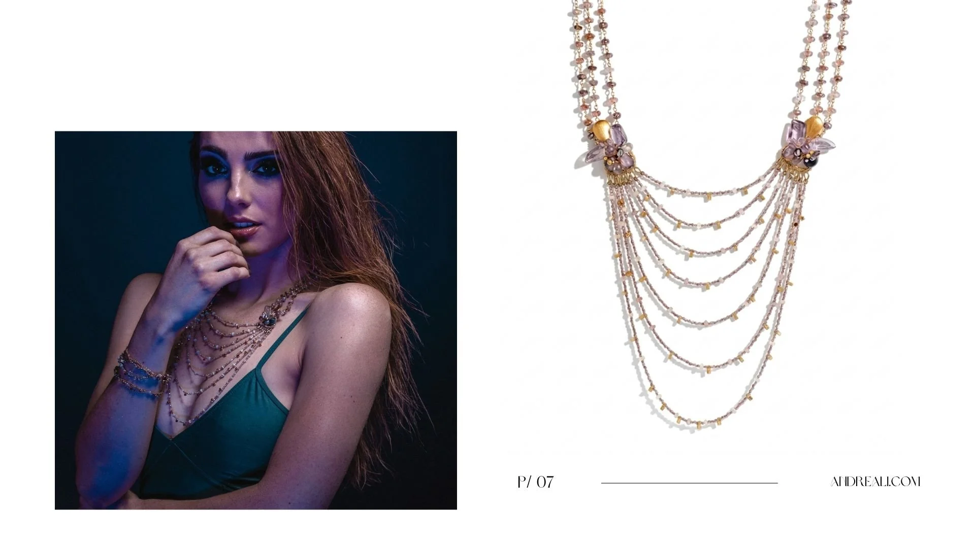 Lookbook spread featuring a moody portrait of a woman wearing a draped layered necklace and bracelet, alongside a product photo of the same multi-strand gemstone necklace with cascading chains in blush, smoky gray, and gold tones.