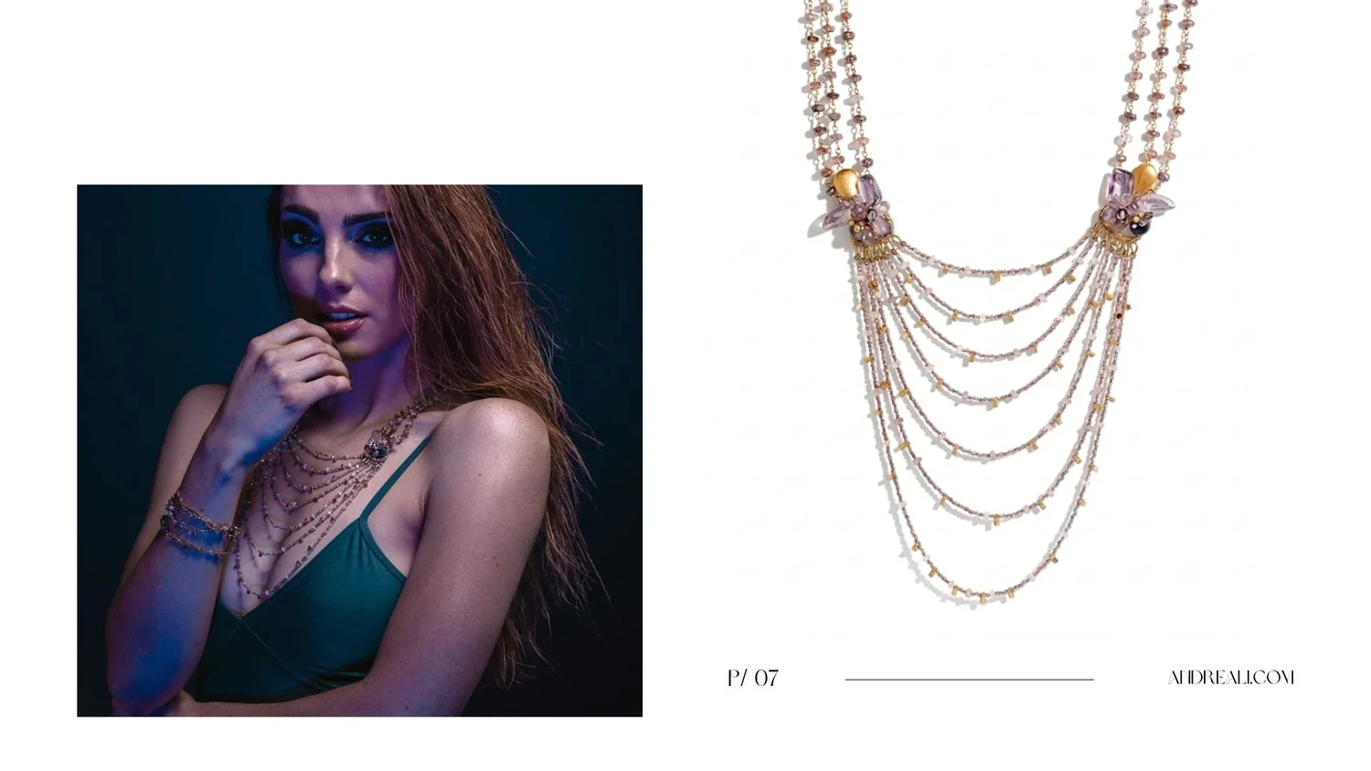 Lookbook spread featuring a moody portrait of a woman wearing a draped layered necklace and bracelet, alongside a product photo of the same multi-strand gemstone necklace with cascading chains in blush, smoky gray, and gold tones.