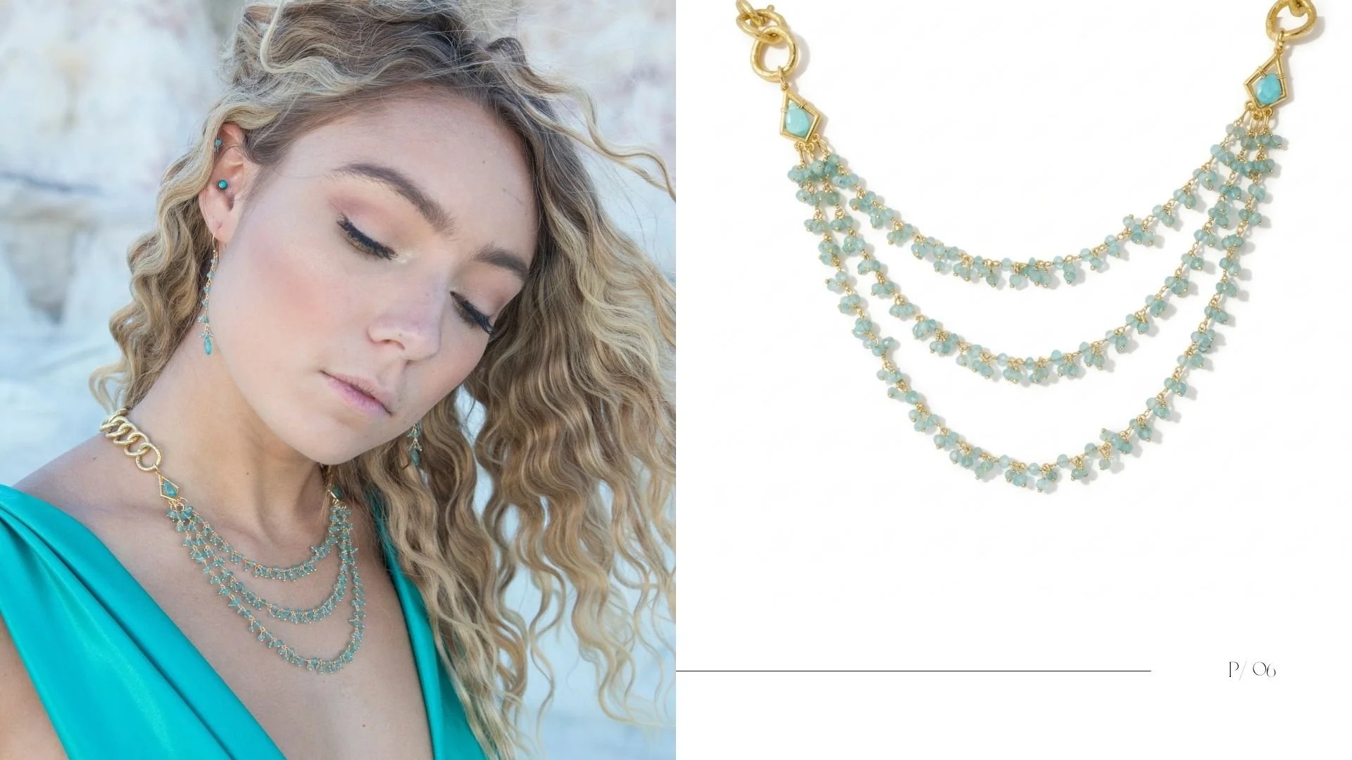 Jewelry editorial with a blonde model in turquoise wearing a layered aqua gemstone necklace beside a matching product close-up.