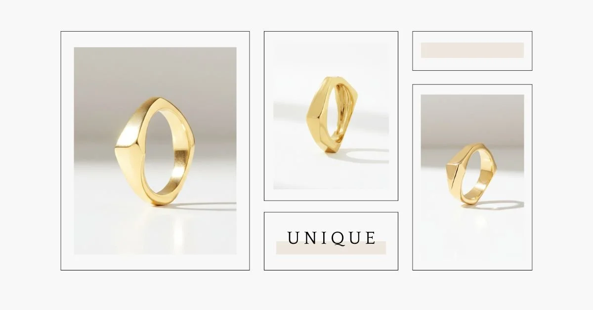 Minimalist collage featuring a geometric gold ring shown from multiple angles, with the word “Unique” on a soft gray background.