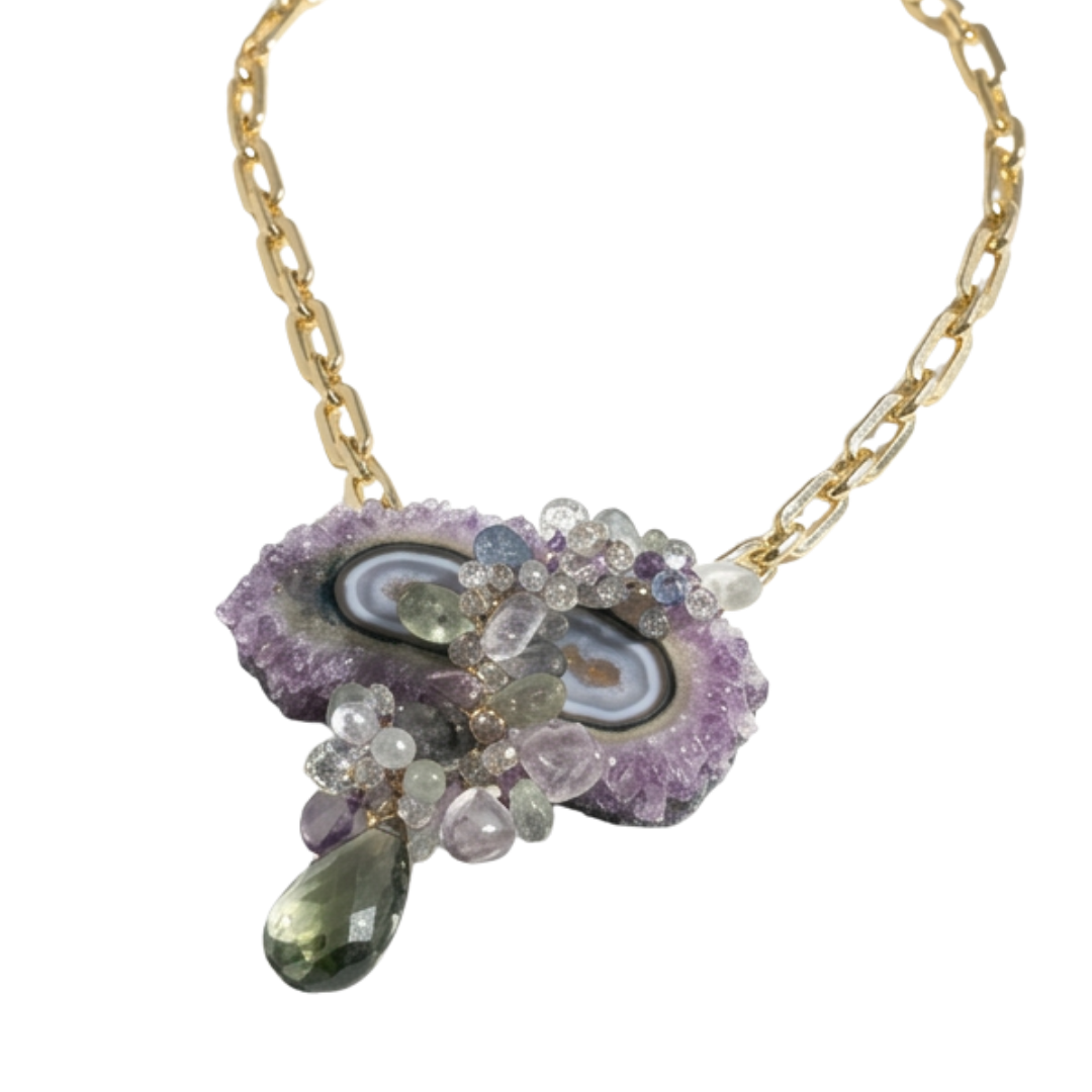 Awakening Amethyst Stalactite Necklace by Andrea Li, an amethyst stalactite slice with a cluster of pastel gemstones and a pale green drop on a gold chain
