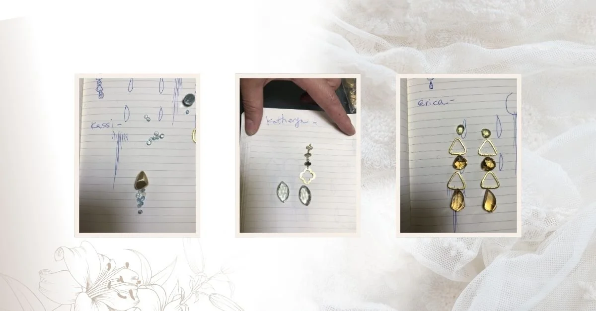 Three side-by-side photos show handmade earring design concepts arranged on lined notebook pages, featuring different gemstone and metal combinations for custom bridal jewelry sketches.