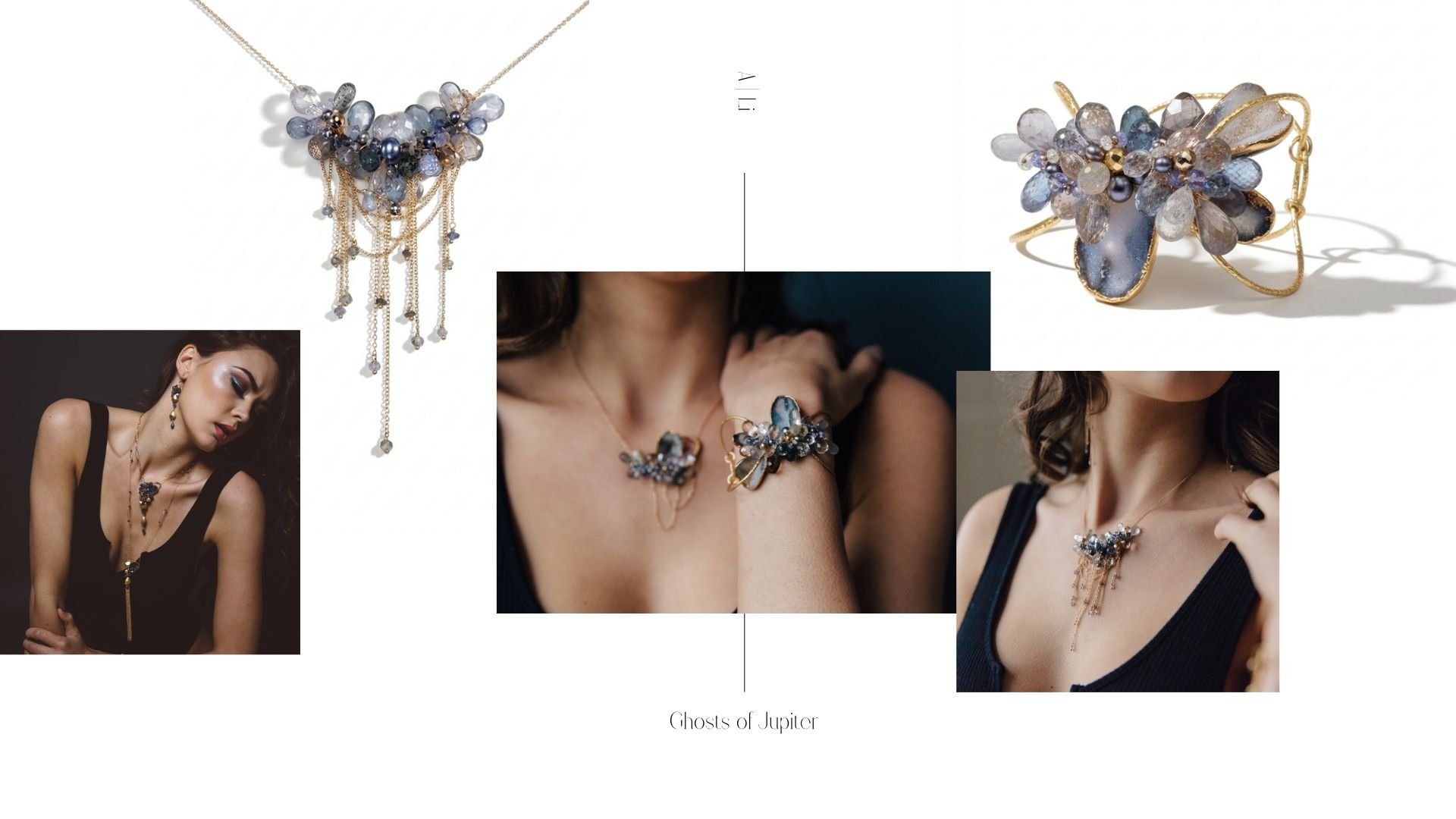 Editorial jewelry collage showing blue and gray gemstone necklace and cuff, with model close-ups on a clean white background.
