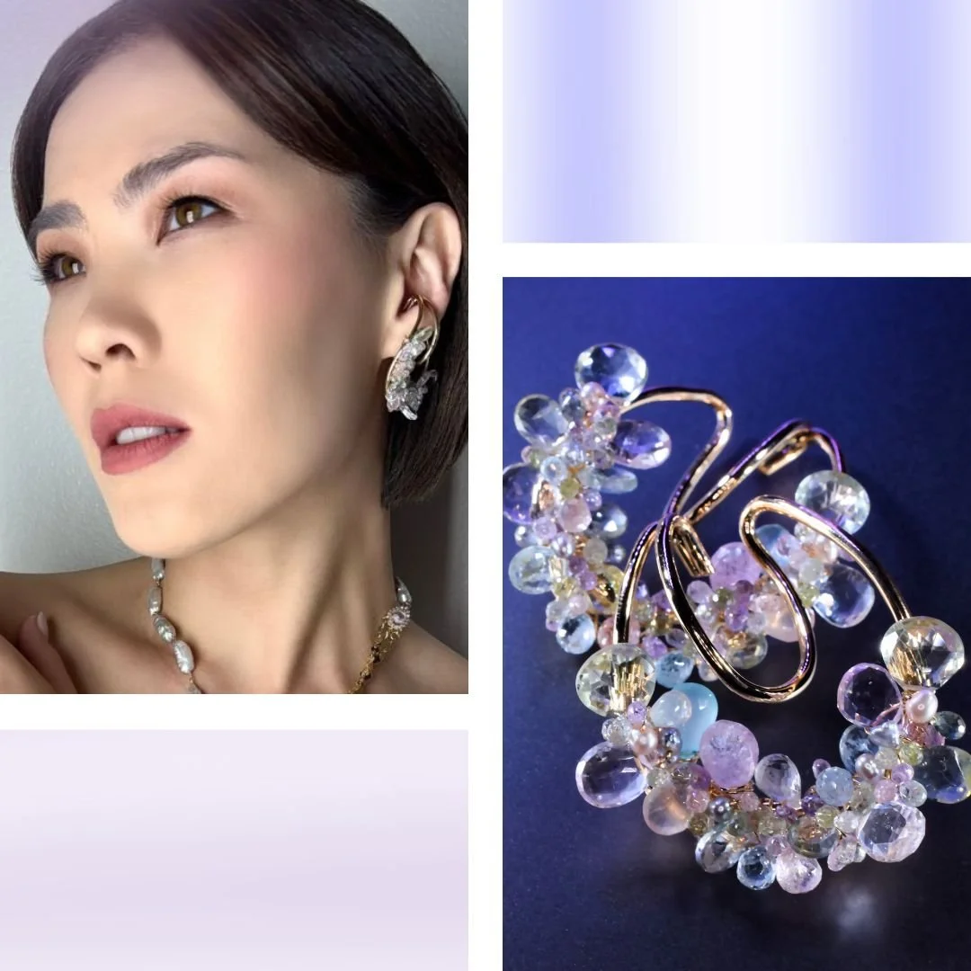 model wearing a pastel gemstone ear cuff and a product image of a ear cuff
