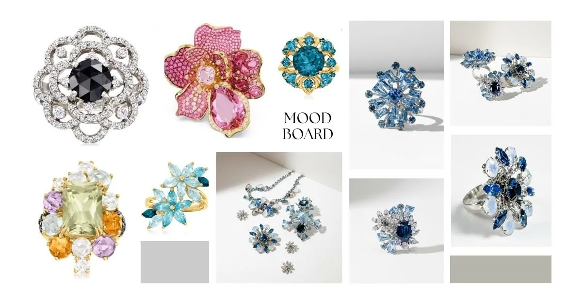 Mood board featuring colorful statement rings and blue floral-inspired jewelry designs arranged in a collage on a light background.
