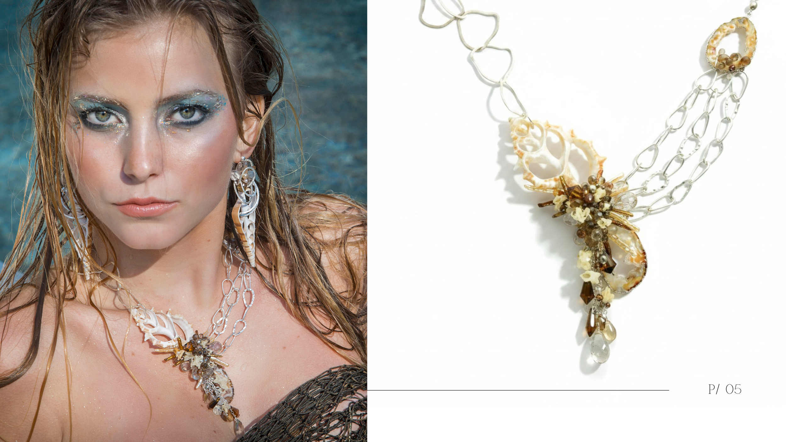 A model wearing a shell and gemstone statement necklace by Andrea Li