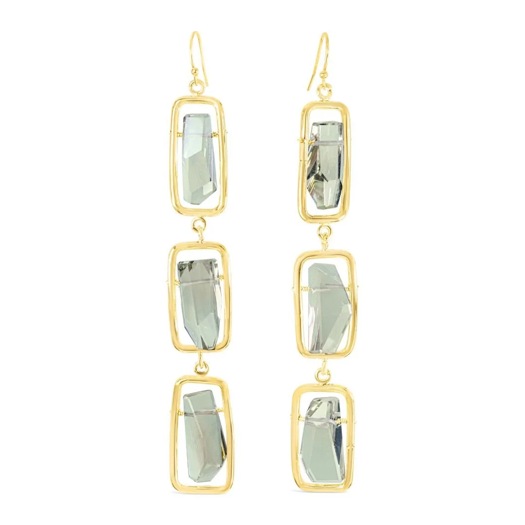 Green Long Square Gemstone Drop Earrings