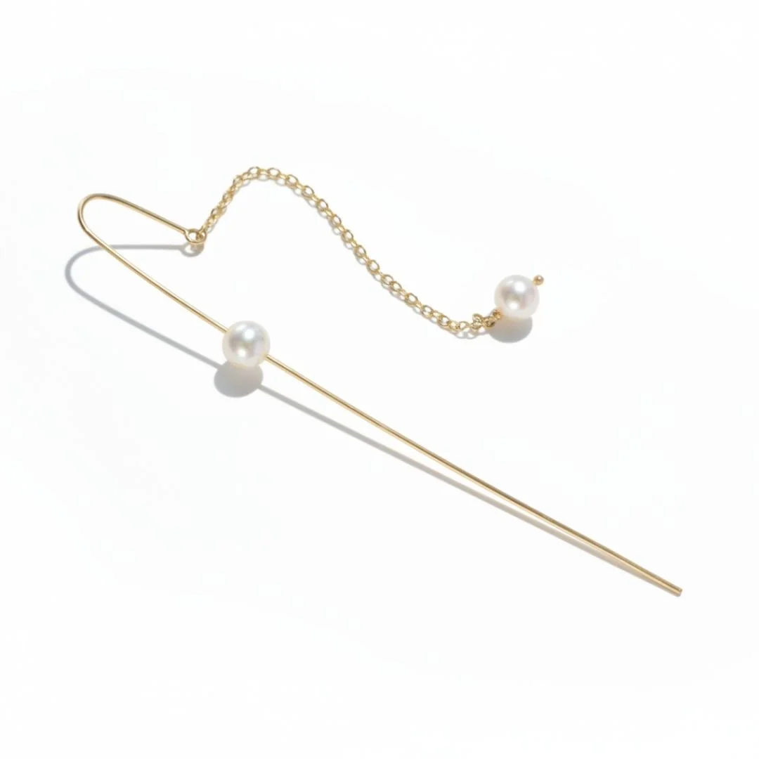 14K Long Ear Threader with Chain and Two Pearls, by Andrea Li