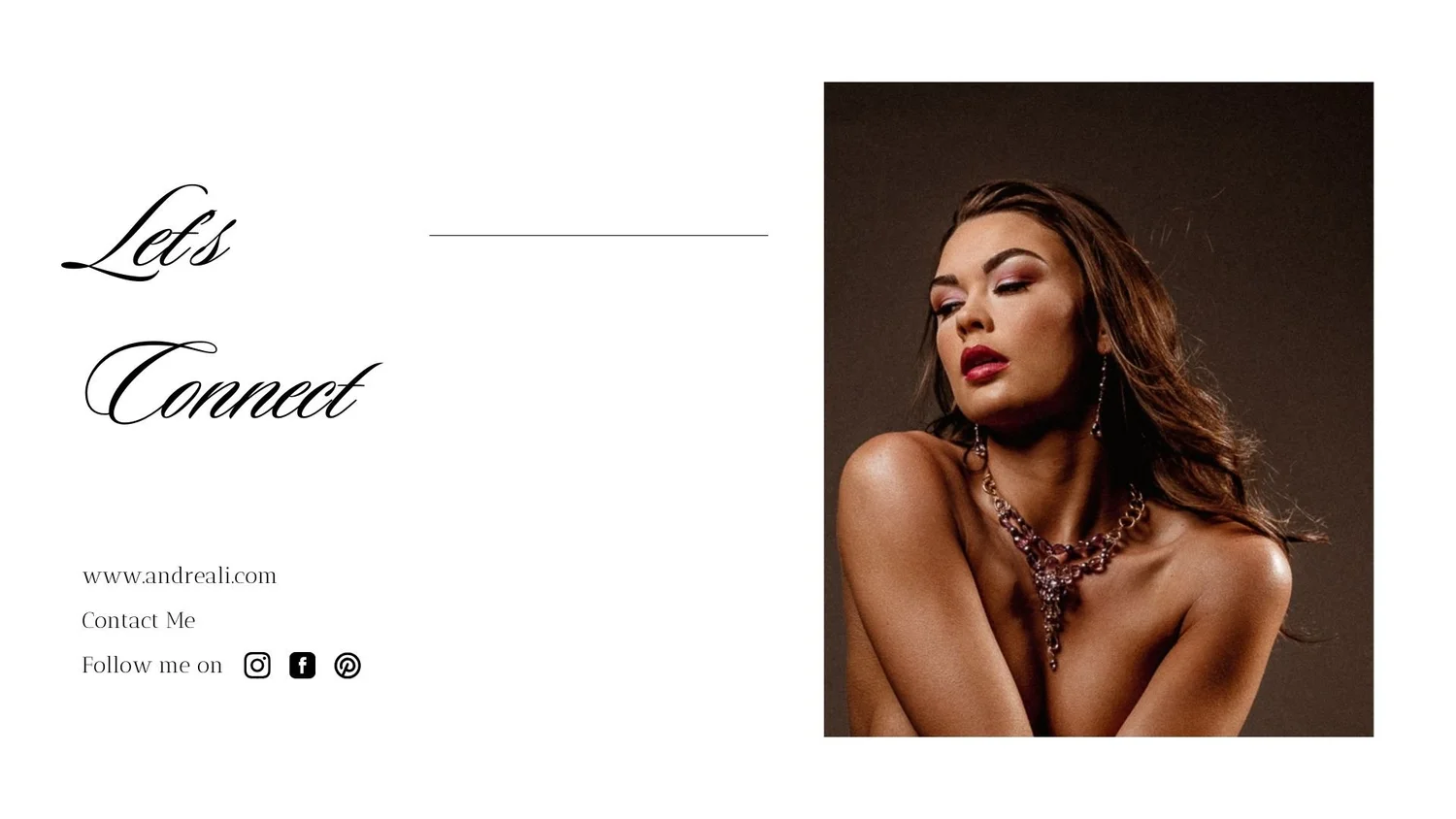 Let’s Connect contact page featuring andreali.com and social icons, alongside a portrait of a model wearing an amethyst statement necklace and matching drop earrings.