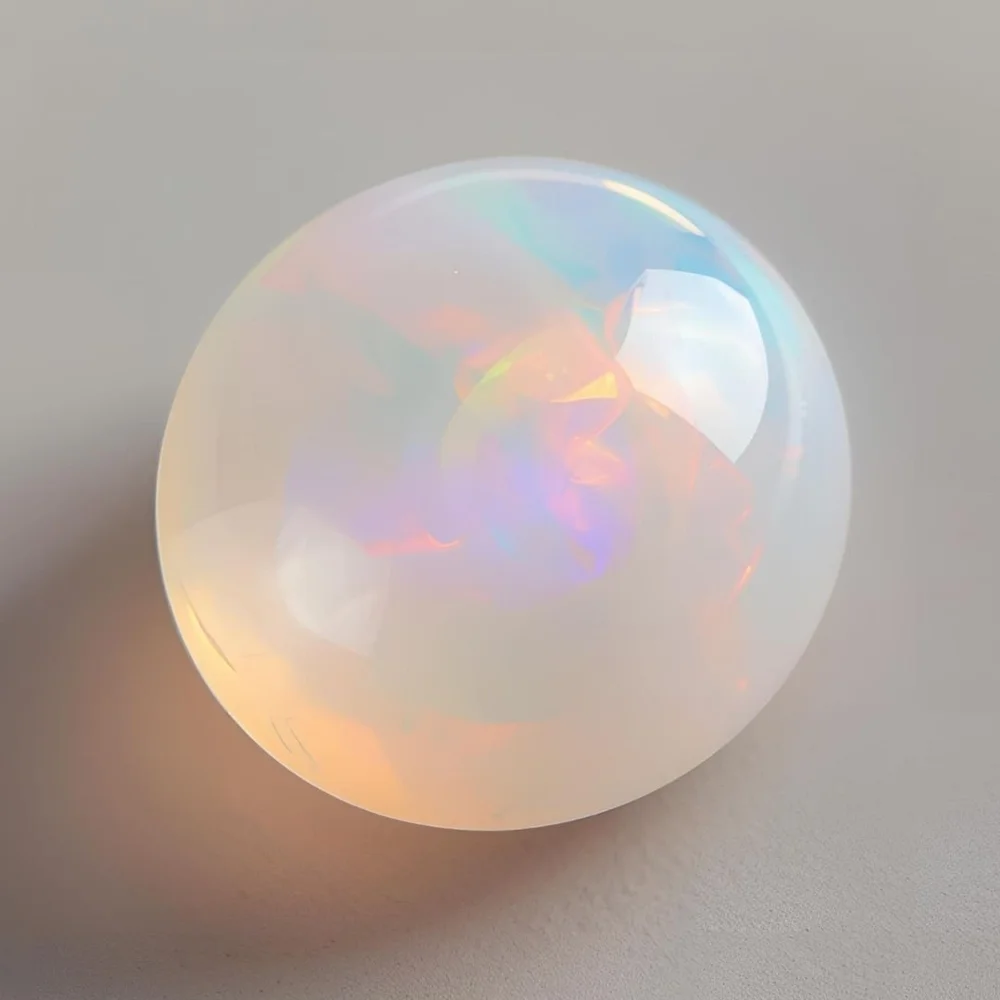 A soft-hued pastel opal, luminous and glowing on a neutral background