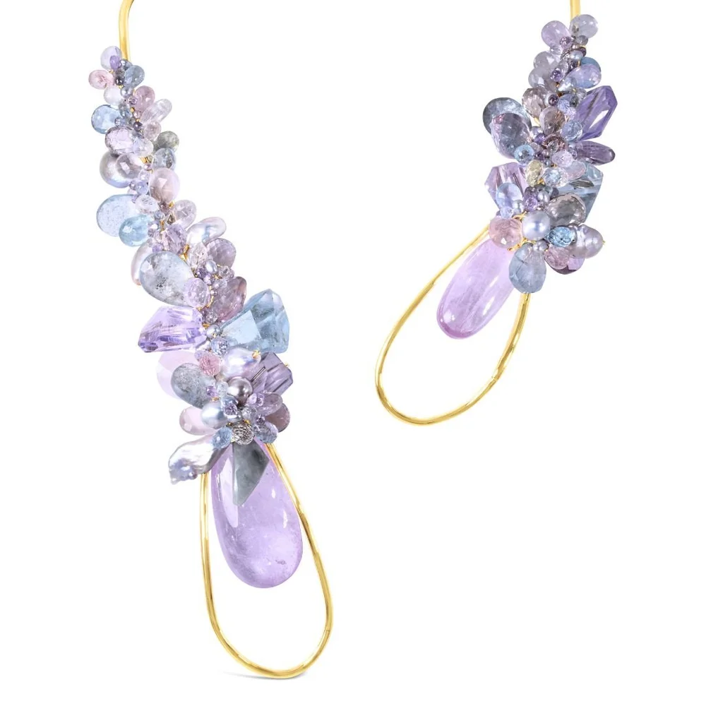 Pastel gemstone clusters with kunzite briolettes on gold-filled wire, handmade by Andrea Li